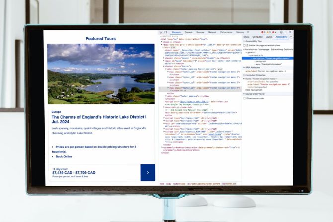 A screen showing the accessibility developer tools on the CAA website